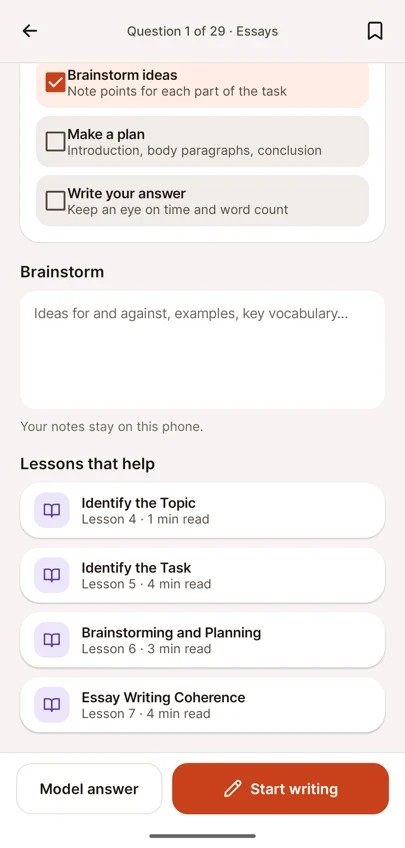 Brainstorm notes area under a question