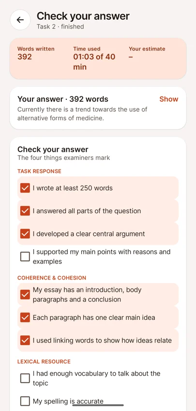 Checklist items ticked for task response and coherence