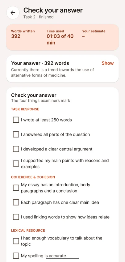 Check your answer: words written, time used and the criteria checklist